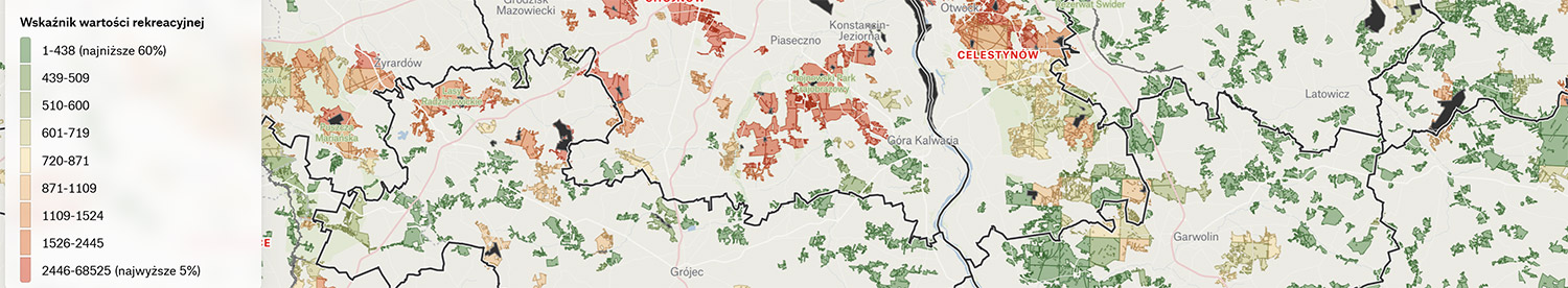 Mapa: analiza wskaźnika wartości rekreacyjnej lasów w Polsce wg prof. Giergicznego